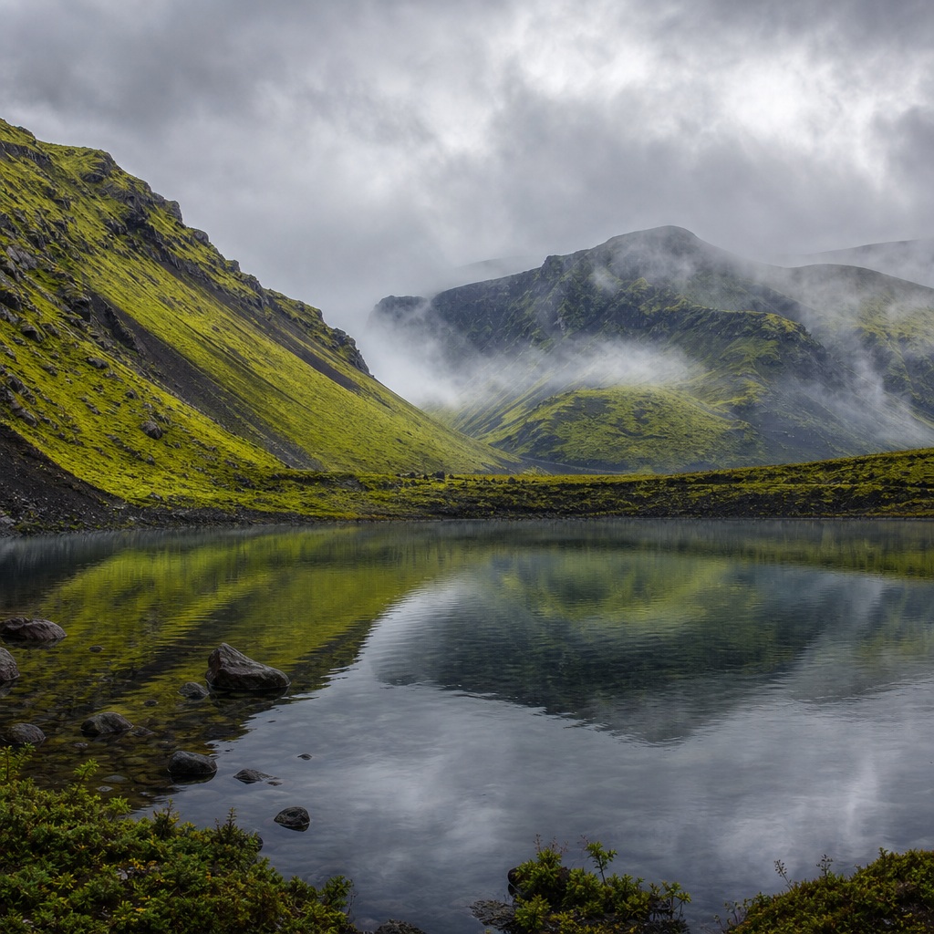 Misty volcanic lake reflecting steep green mountains under cloudy skies