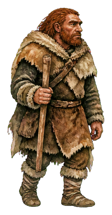 Watercolor Neanderthal man in fur clothing holding a wooden staff