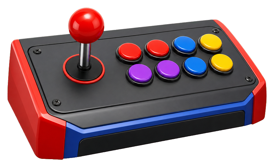 Arcade joystick controller with red ball top and colorful buttons on a dark base