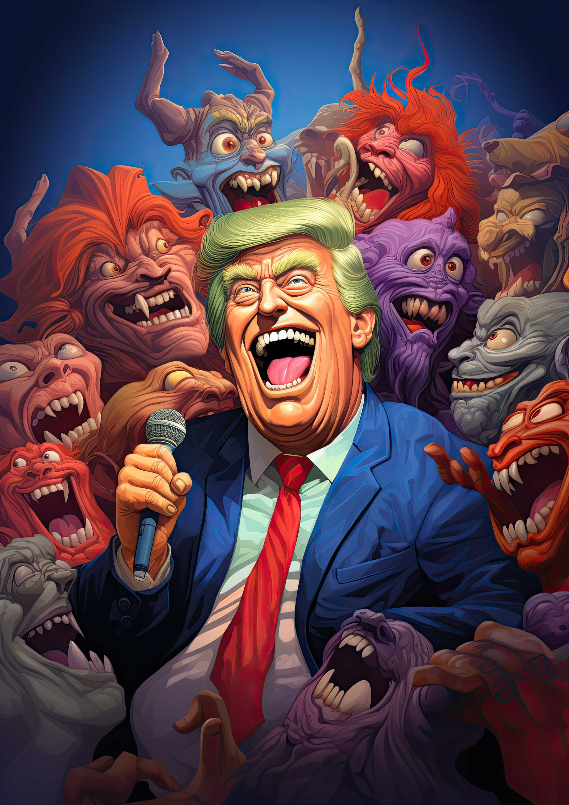 Donald Trump shouting with demons and monstrous faces surrounding him in a dark dramatic scene.