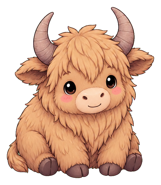 Cute fluffy yak with large horns and rosy cheeks sitting front-facing