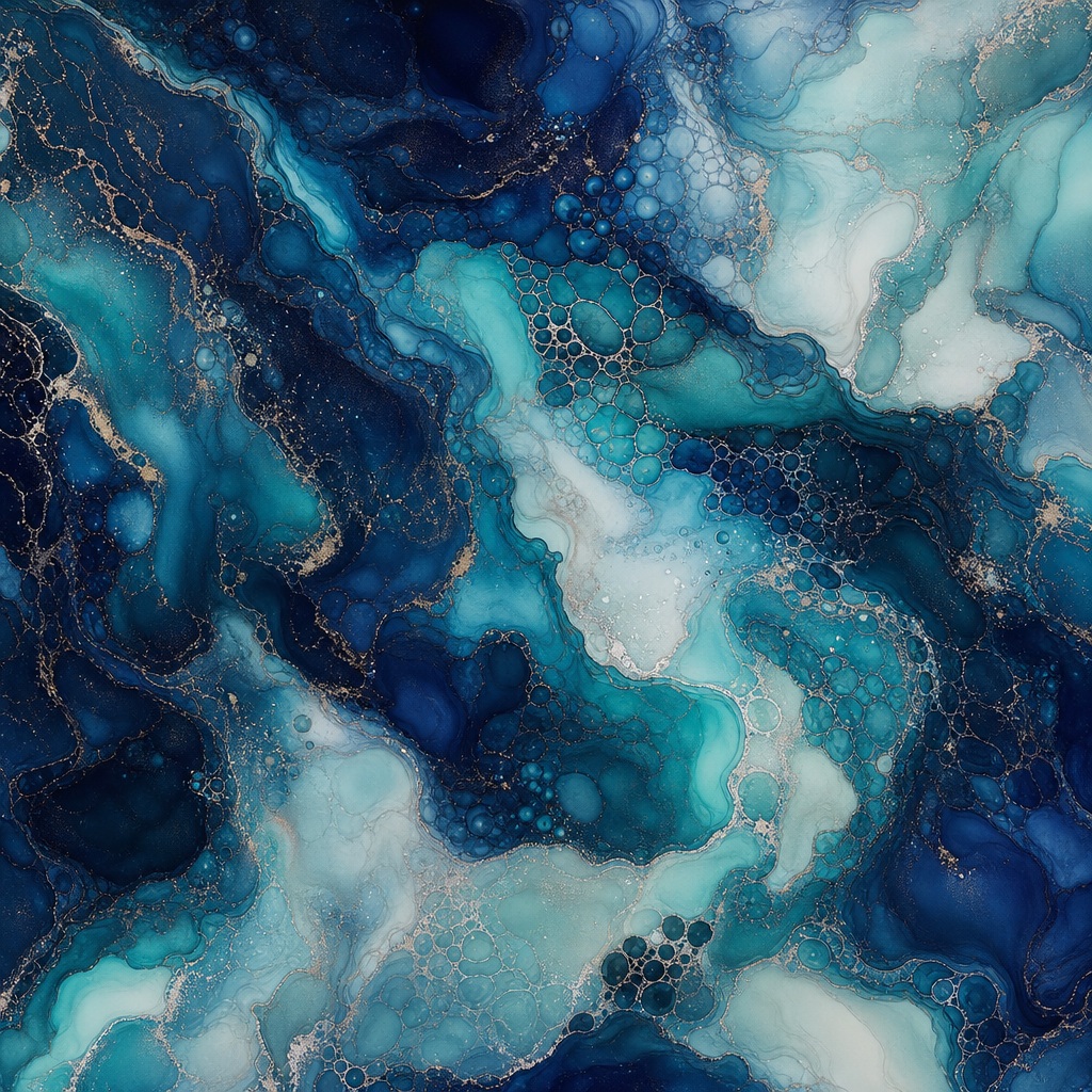 Marbled midnight blue and aqua fluid ink pattern with organic dark swirls