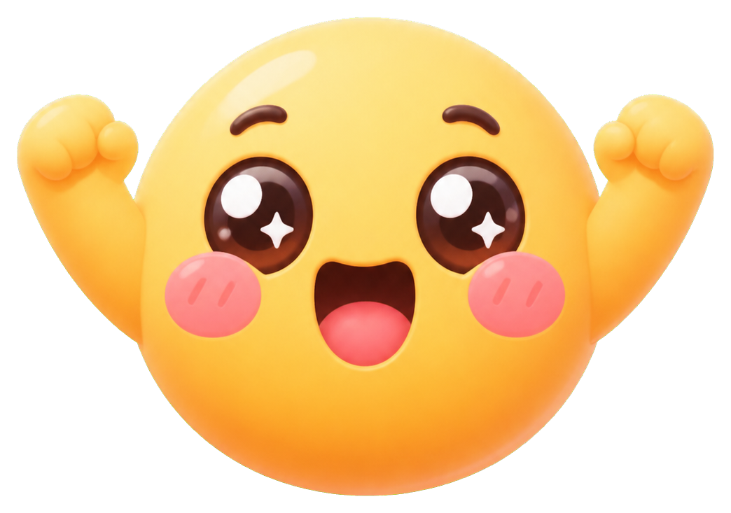 A cheerful yellow face with raised fists, sparkling eyes, and open smiling mouth.