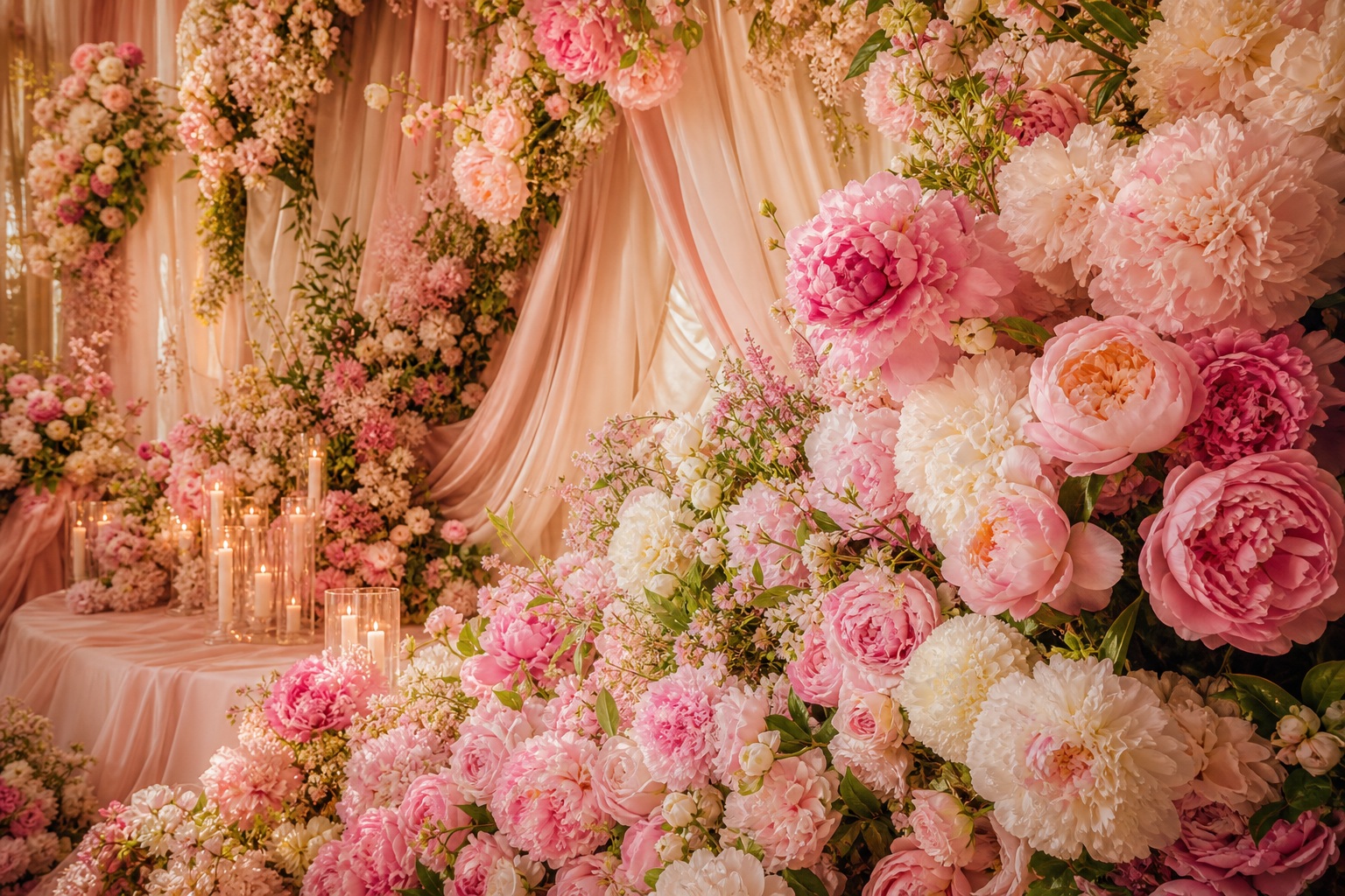 Pink peonies and roses arranged beside draped fabric in a romantic wedding floral background