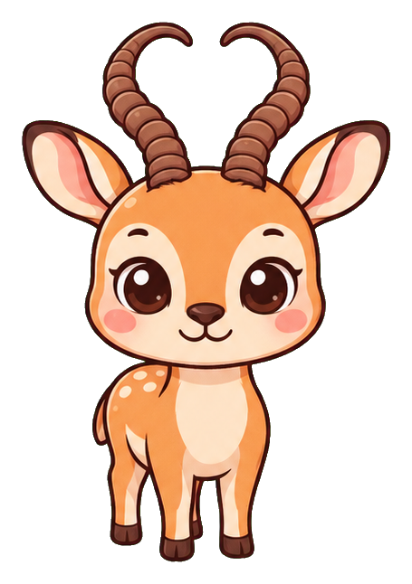 Cute pastel impala with big eyes, curved horns, and a standing front view