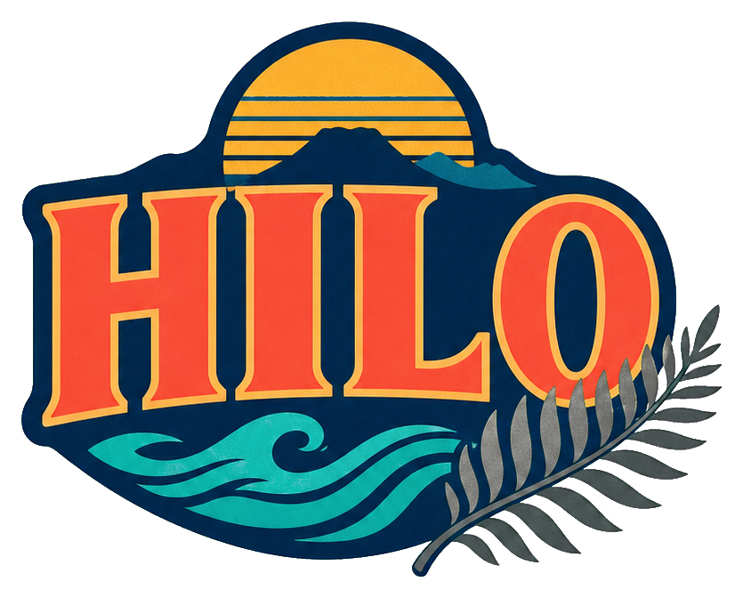Retro HILO word art with sunset stripes, ocean waves, and a palm frond