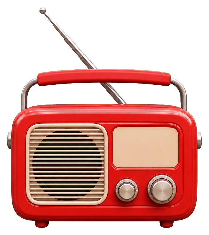 Red portable radio sticker with antenna and two front knobs