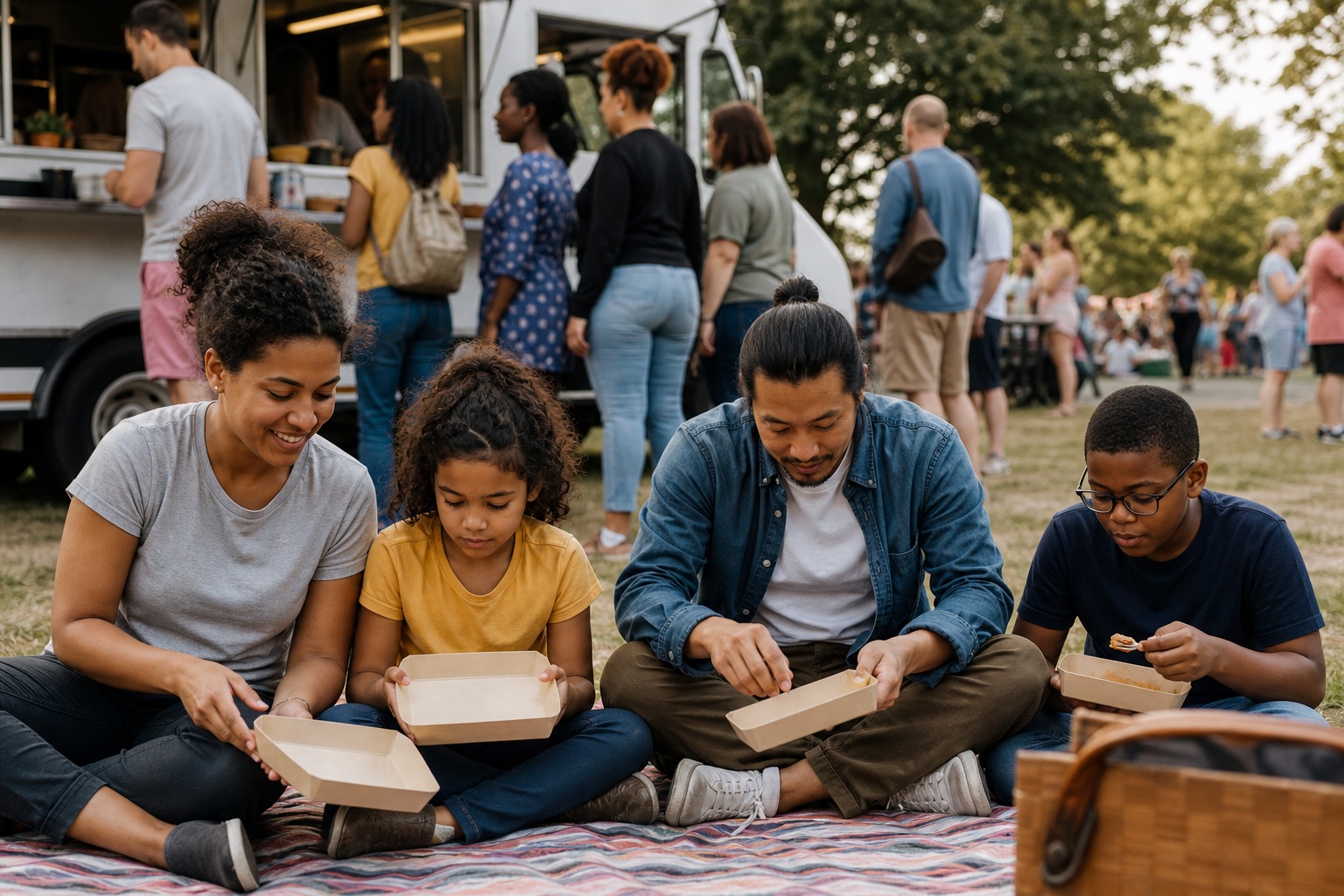 Candid diners sitting on a picnic blanket while waiting in a food truck queue outdoors.