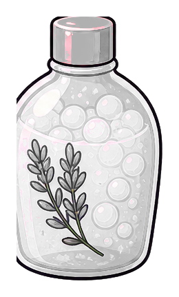 Illustrated bottle filled with bubbles and a small leafy sprig on the front.
