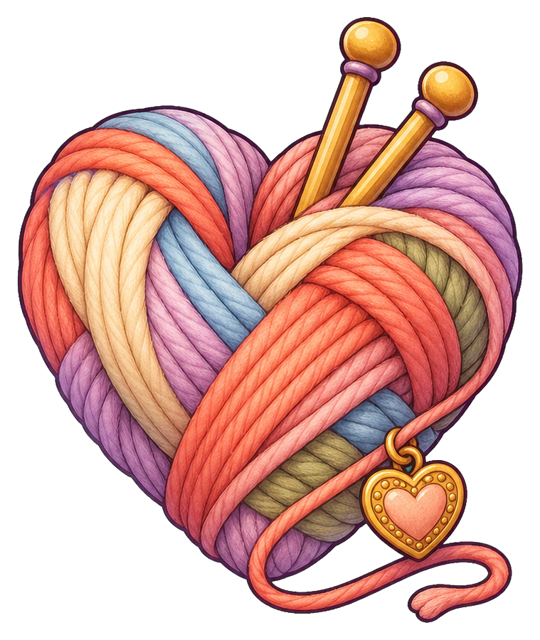 Colorful yarn heart with knitting needles and a small hanging heart charm.