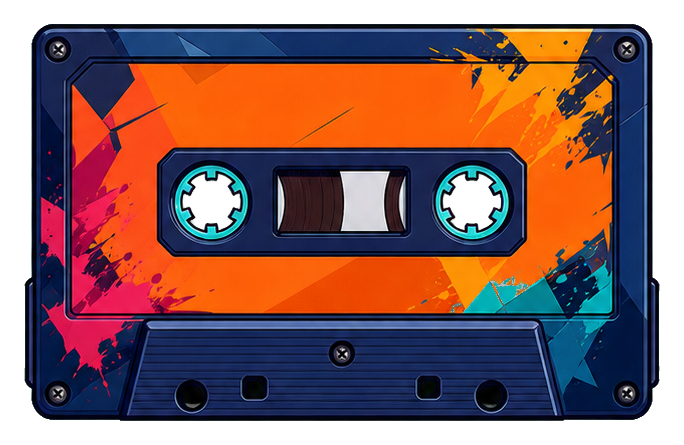 Colorful colorblock audio cassette with orange, blue, and pink paint splashes
