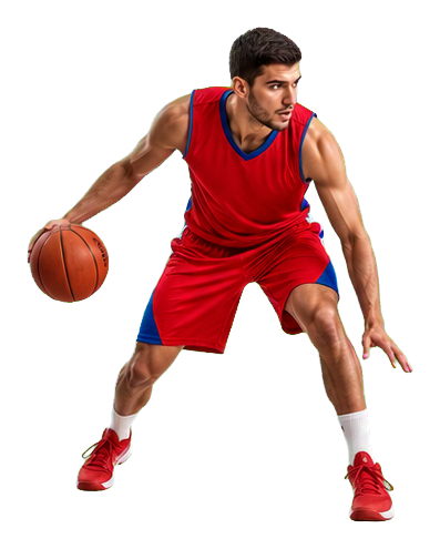 Basketball player in red uniform dribbling the ball in a low stance.