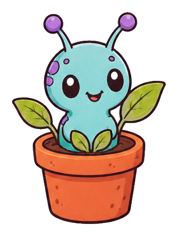 Cute blue alien plant with antennae and leaves growing in an orange pot