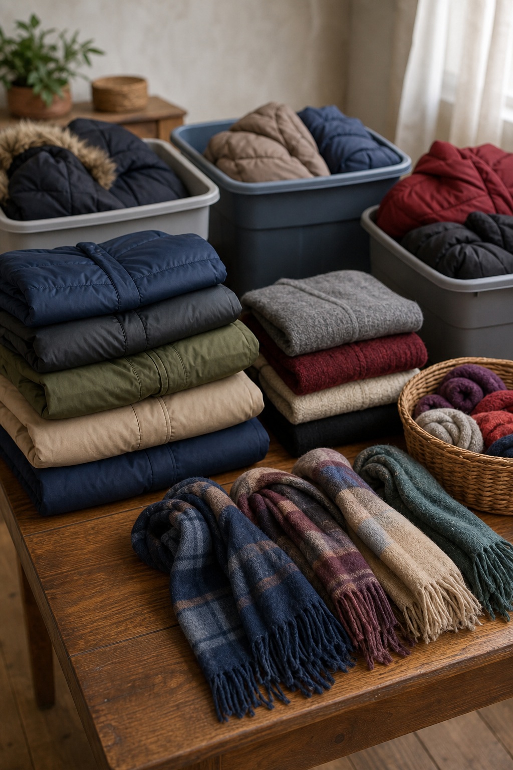 Folded winter coats and scarves arranged in bins and on a wooden table.