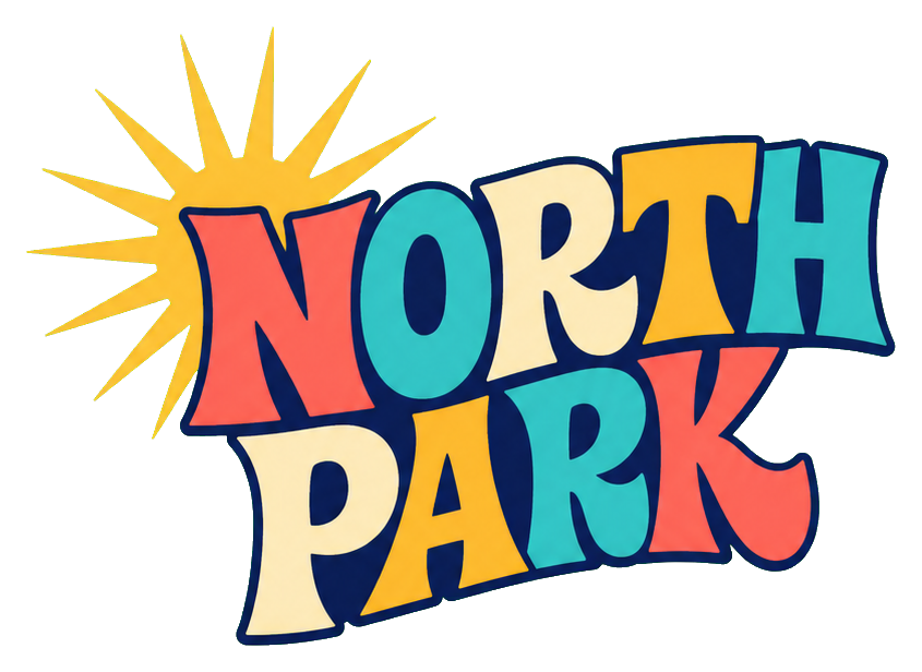Retro North Park text with a yellow sunburst above colorful letters
