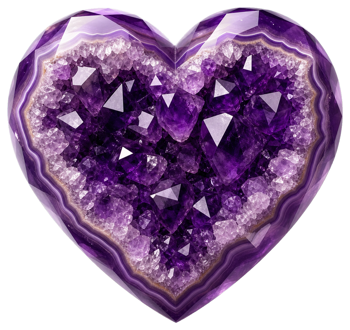 Purple heart-shaped geode with faceted crystal texture and sparkling edges.