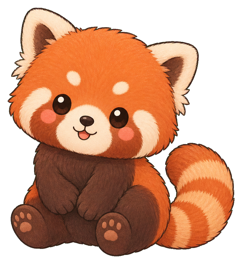 Cute pastel red panda sitting with a curled striped tail and soft rounded features