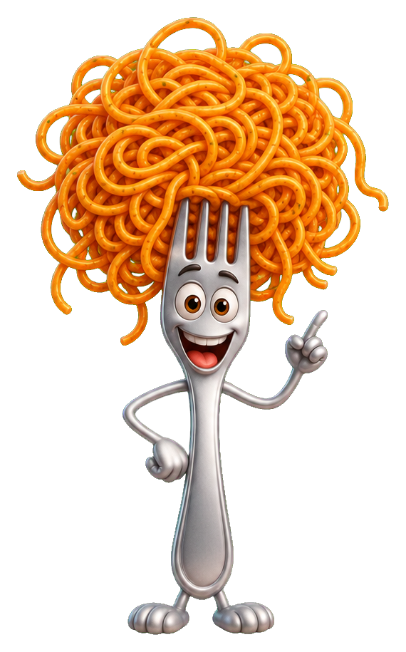 A smiling fork with spaghetti piled on top like a hairdo, waving one hand.