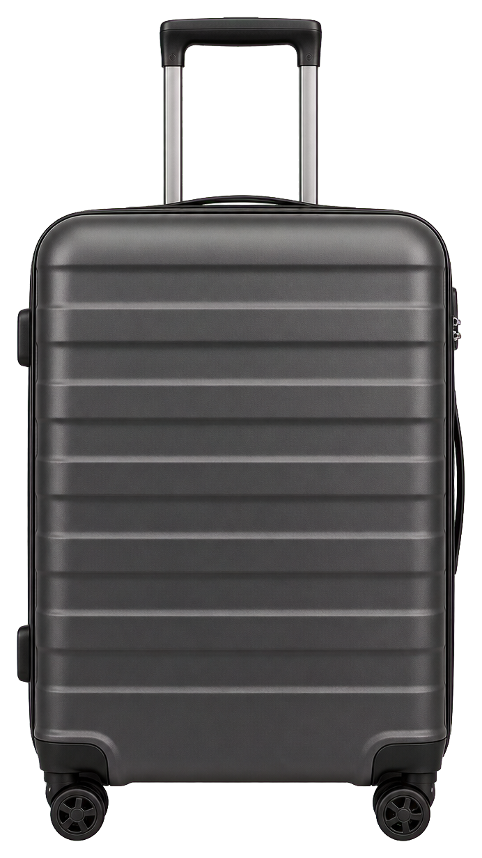 A dark plain suitcase with a telescoping handle and four wheels