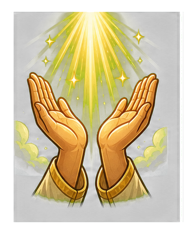 Two raised hands beneath bright sunbeams with glowing light rays and clouds.
