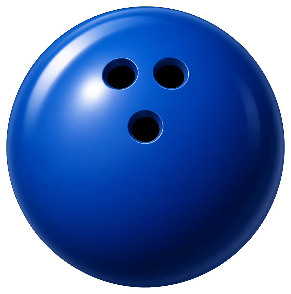 Blue bowling ball with three finger holes on a dark background