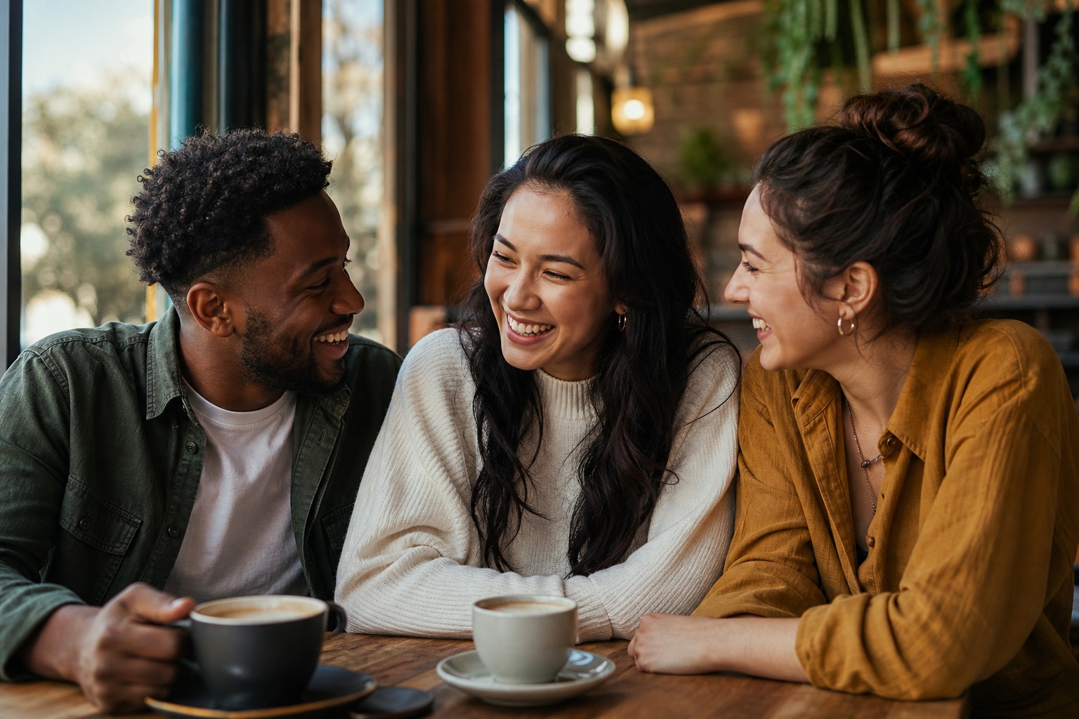 Three friends smiling and talking at a cafe table with coffee cups.