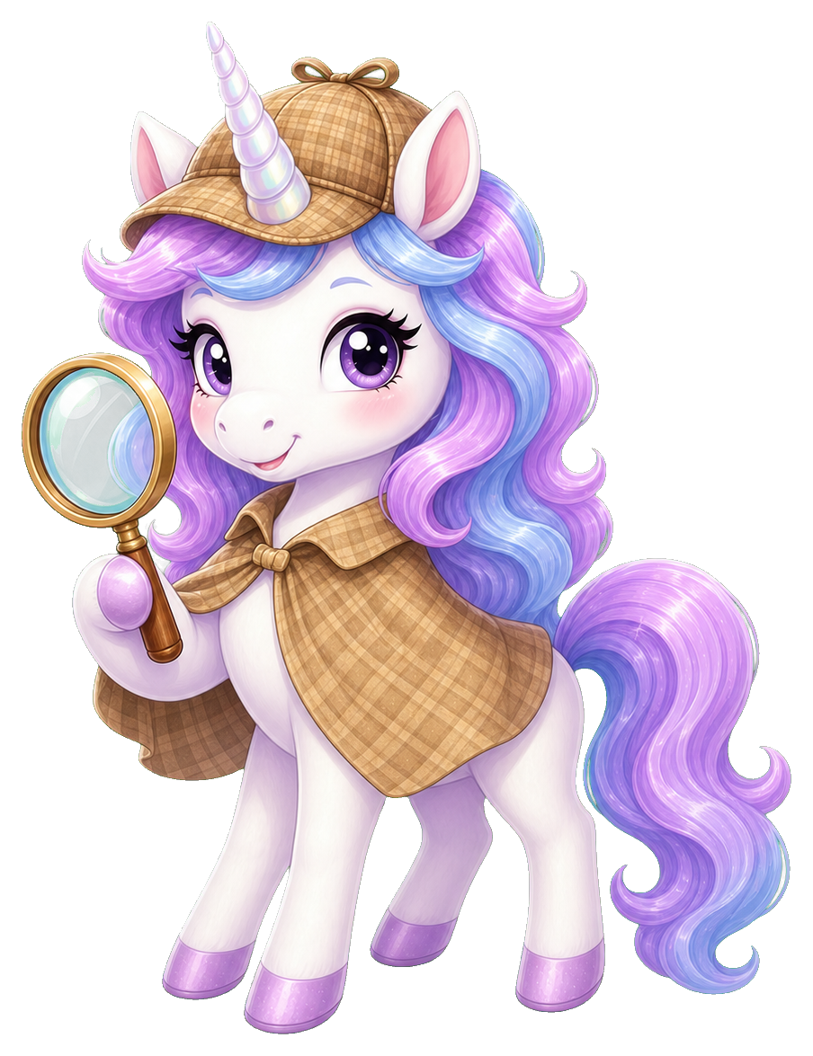 Cute unicorn detective holding a magnifying glass and wearing a plaid coat and hat