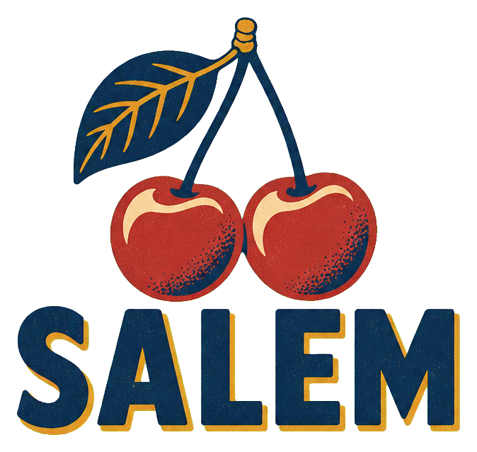 Two red cherries with a leaf above the word Salem in retro lettering.