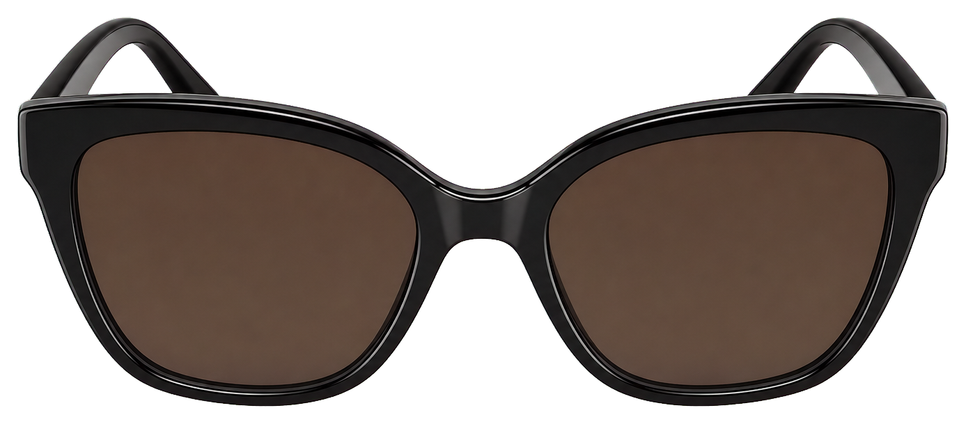 Black-framed sunglasses with brown-tinted lenses on a transparent background