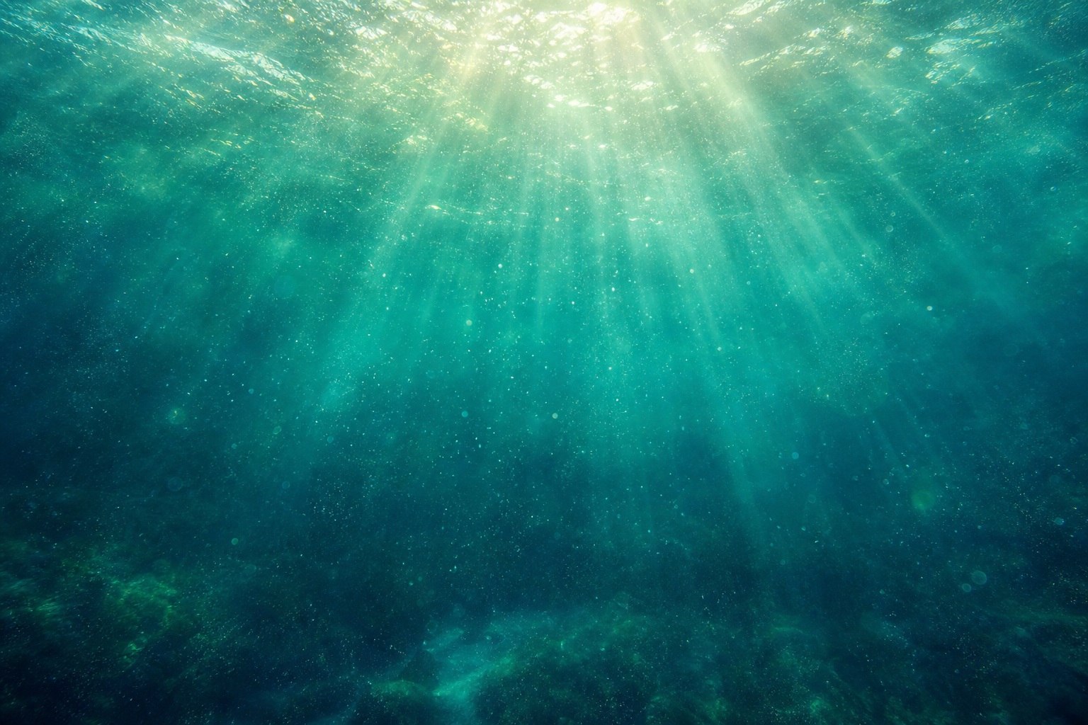 Luminous underwater light rays streaming through dark ocean water
