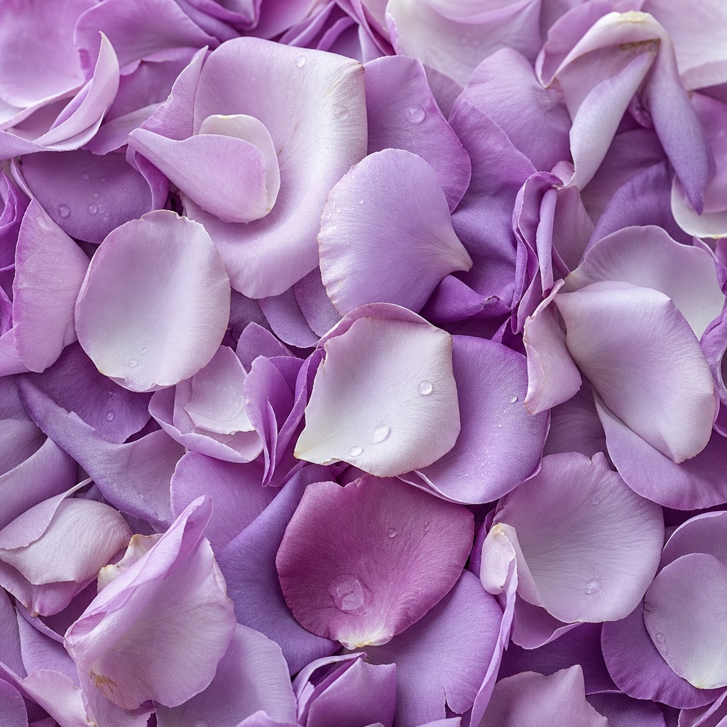 Close-up of soft lavender and pink rose petals layered into a floral background