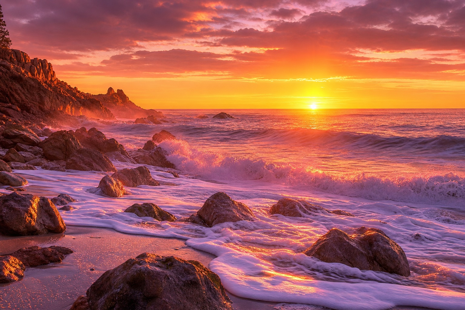 Pink sunrise over rocky coastline with waves and foam along the shoreline.