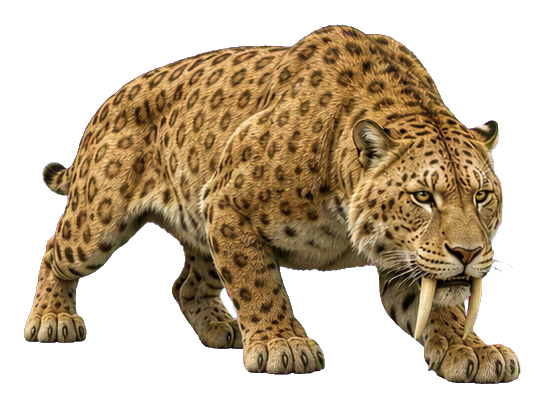 Realistic saber-toothed cat crouching low in a stalking pose