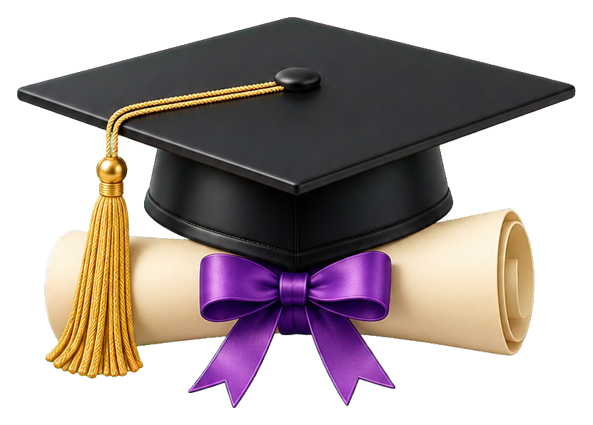 Black graduation cap with a purple ribbon and rolled diploma