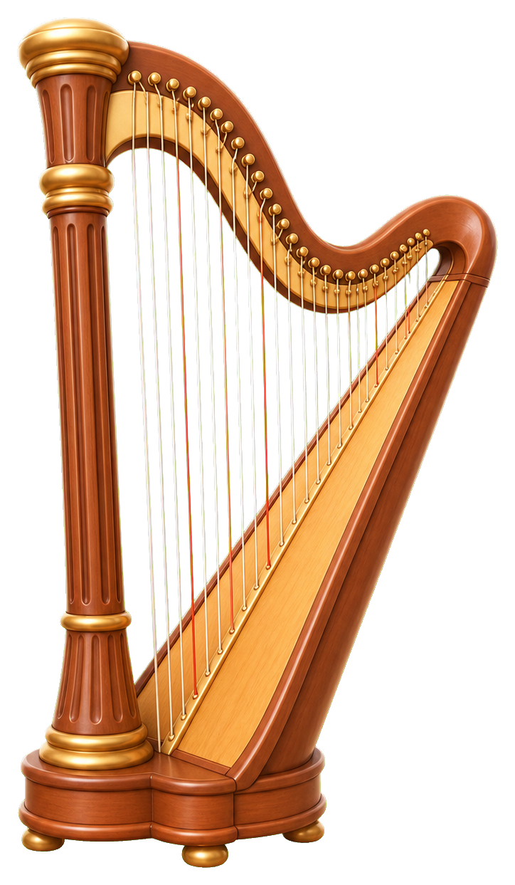 Detailed golden-brown harp sticker graphic with strings and curved frame.