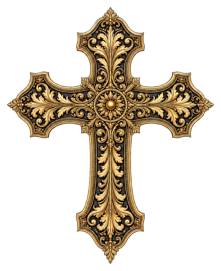 Ornate gold baroque cross with acanthus leaf details on a dark background
