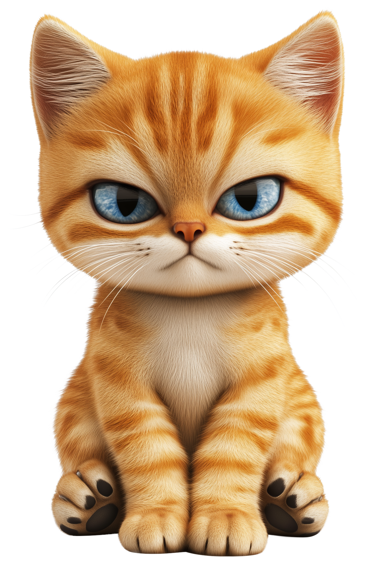 A cute orange tabby cat with blue eyes sitting front facing.