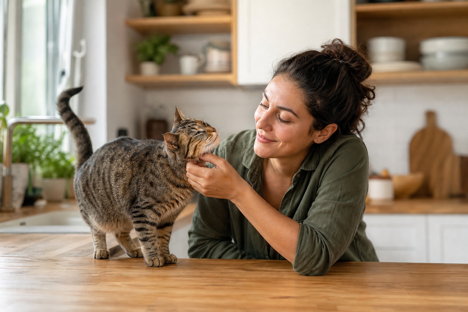 Woman smiling at a cat on a kitchen table in a cozy home interior.