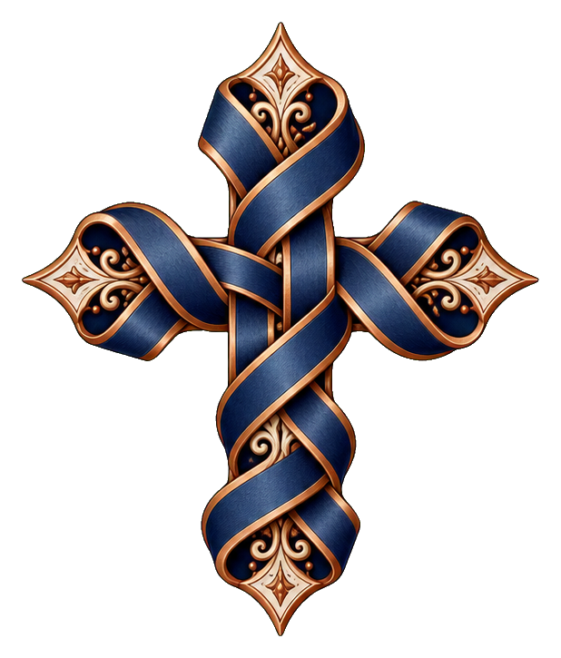 Decorative Celtic ribbon cross with dark blue ribbons and gold ornamental ends