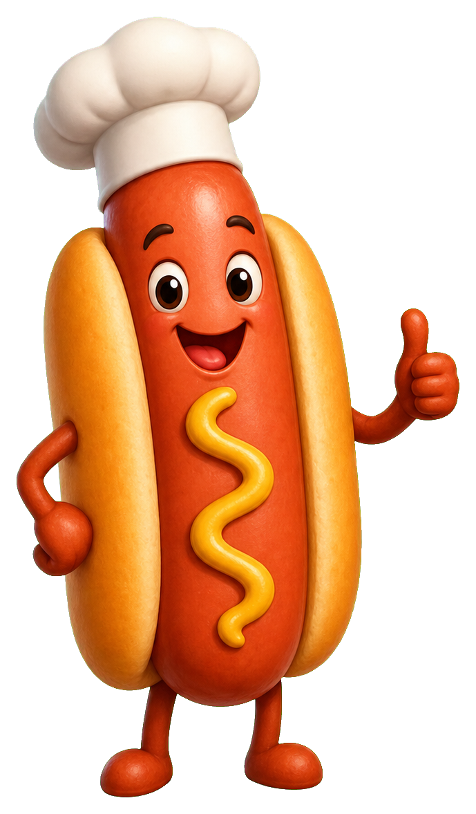 Cartoon hot dog character wearing a white chef hat and smiling with a thumbs up.