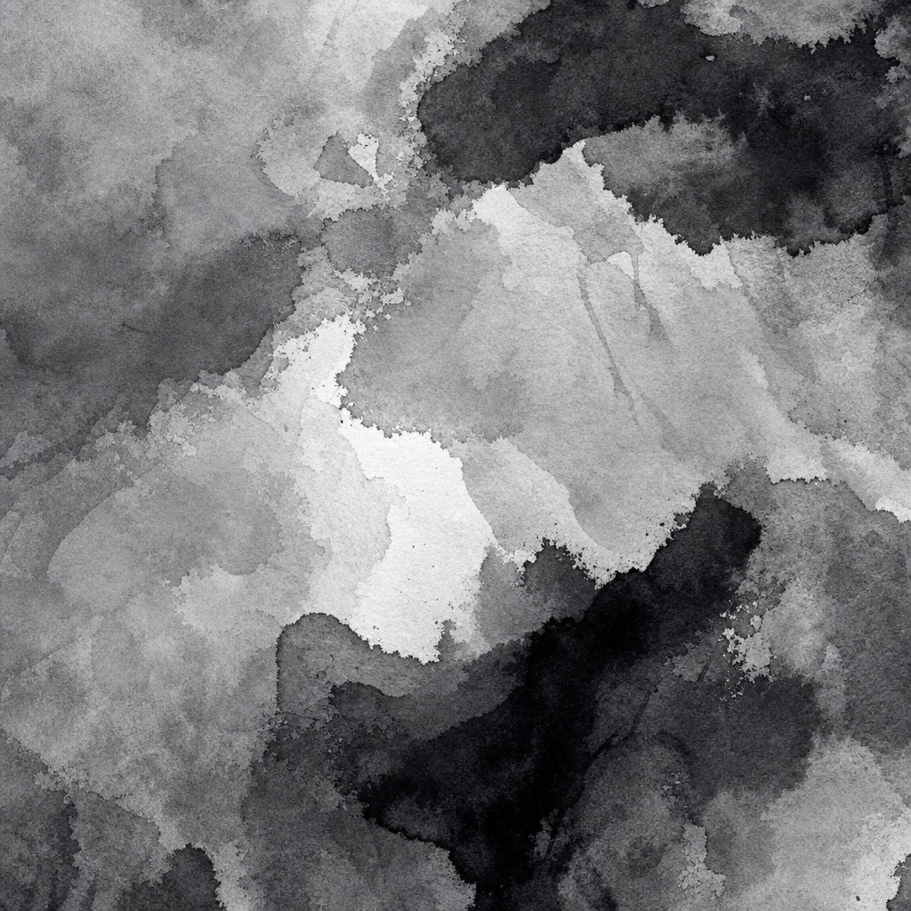 Black and white abstract ink wash with layered fluid watercolor shapes and textured marks