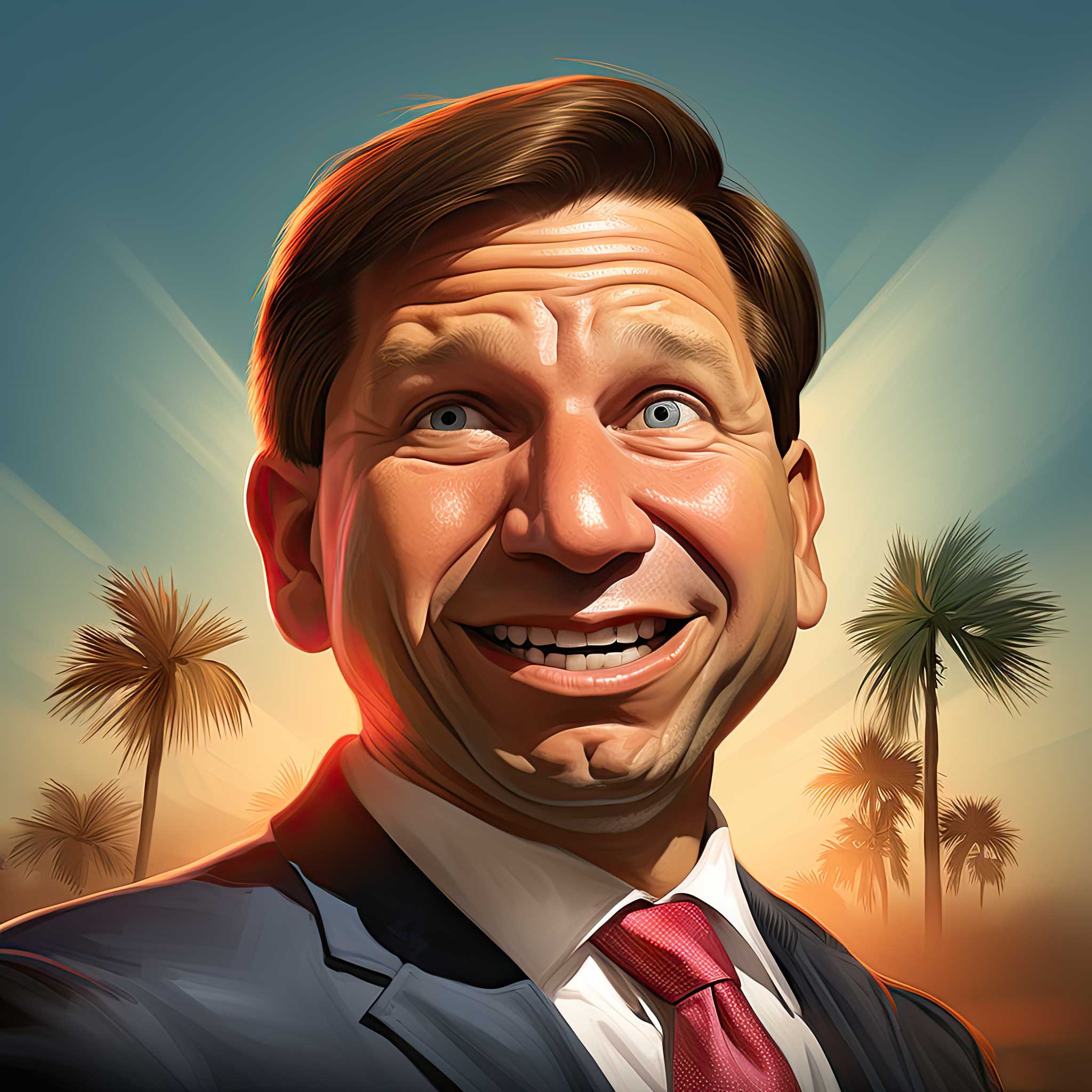 Caricature portrait of Ron DeSantis in a suit with a warm sunset background and palm trees.