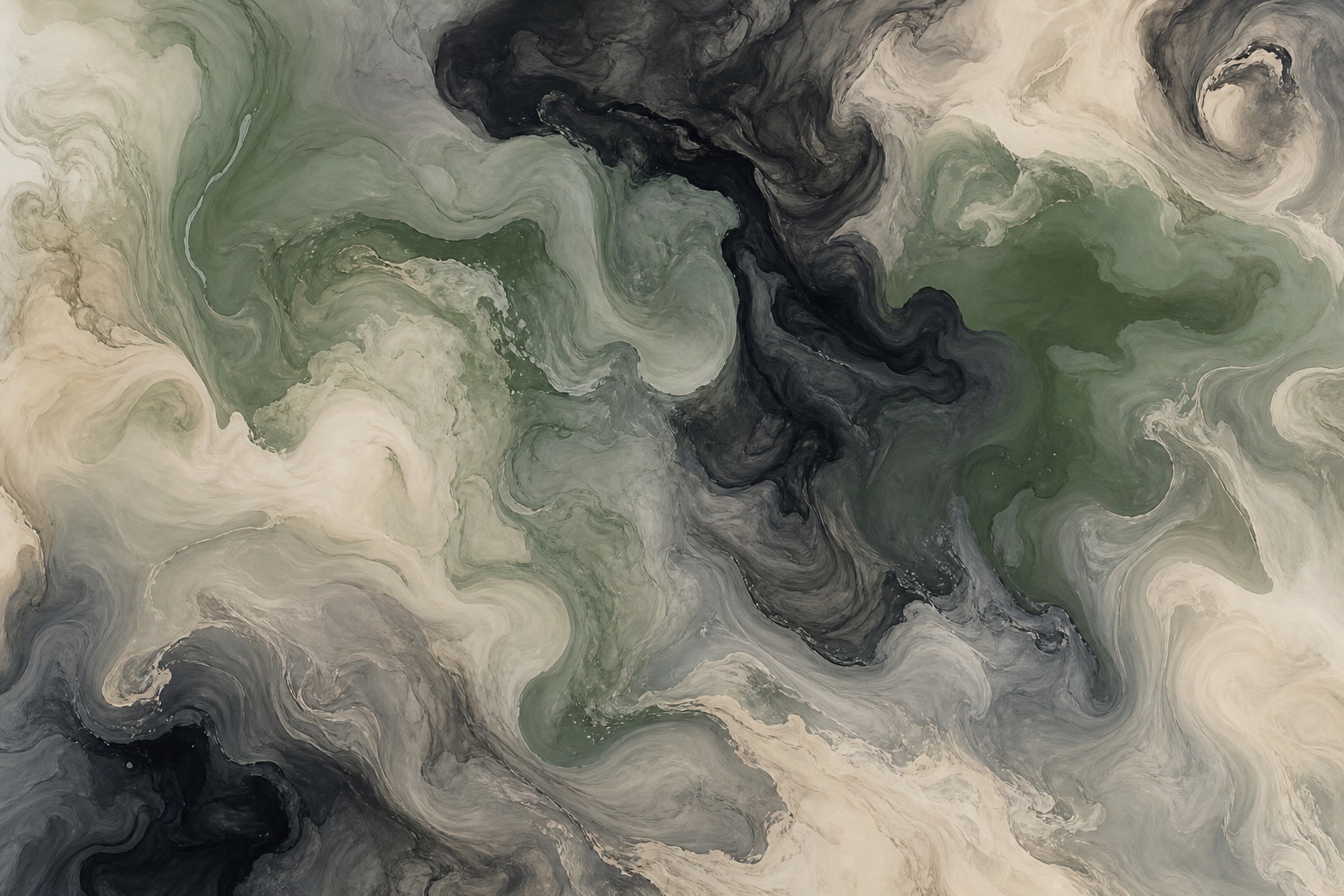Smoky sage and black marbled ink swirls on a light abstract background.