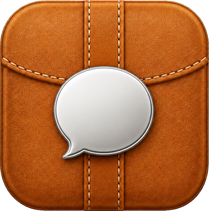 Caramel leather-style square app icon with a silver speech bubble center
