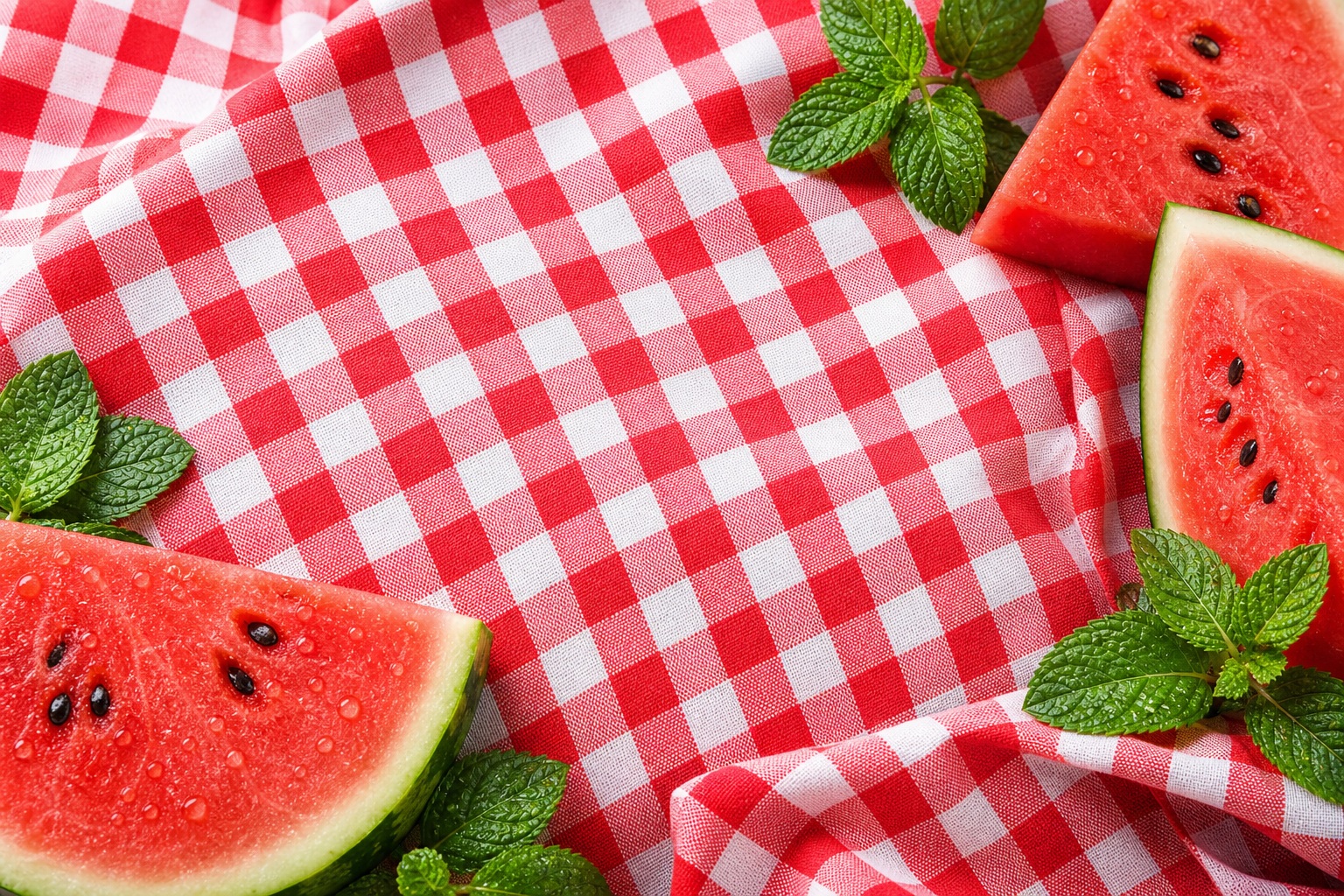 Watermelon slices on a red gingham picnic cloth with mint leaves