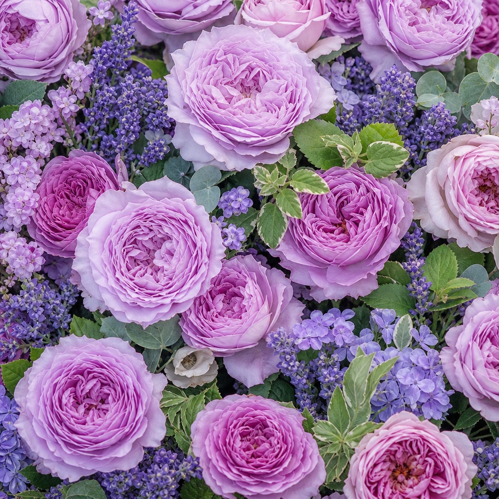 Pink roses and purple flowers with green leaves forming a dense floral background