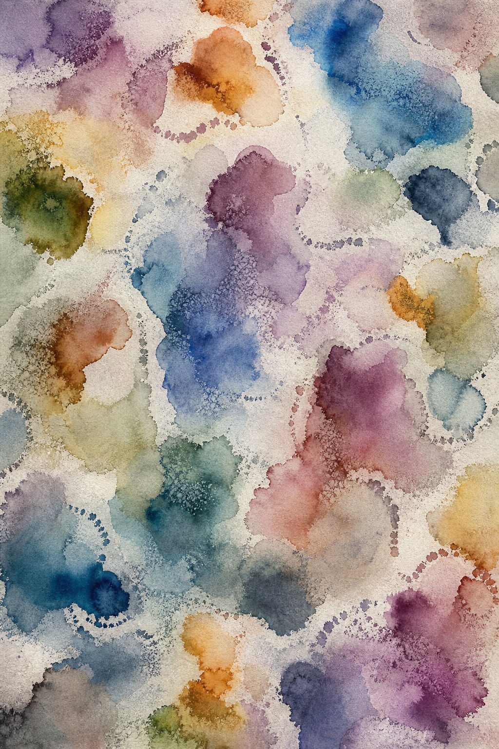 Muted rainbow watercolor ink wash with soft broken tide marks and layered paint blotches