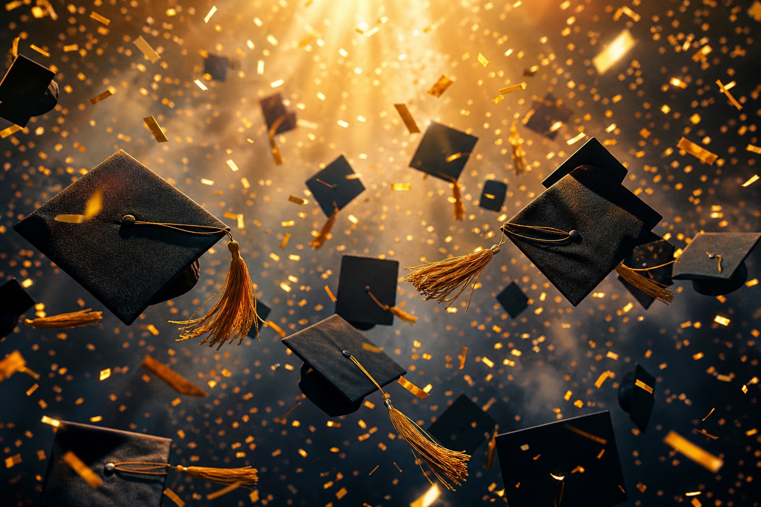 Graduation caps surrounded by gold confetti and sparkling celebration lights.