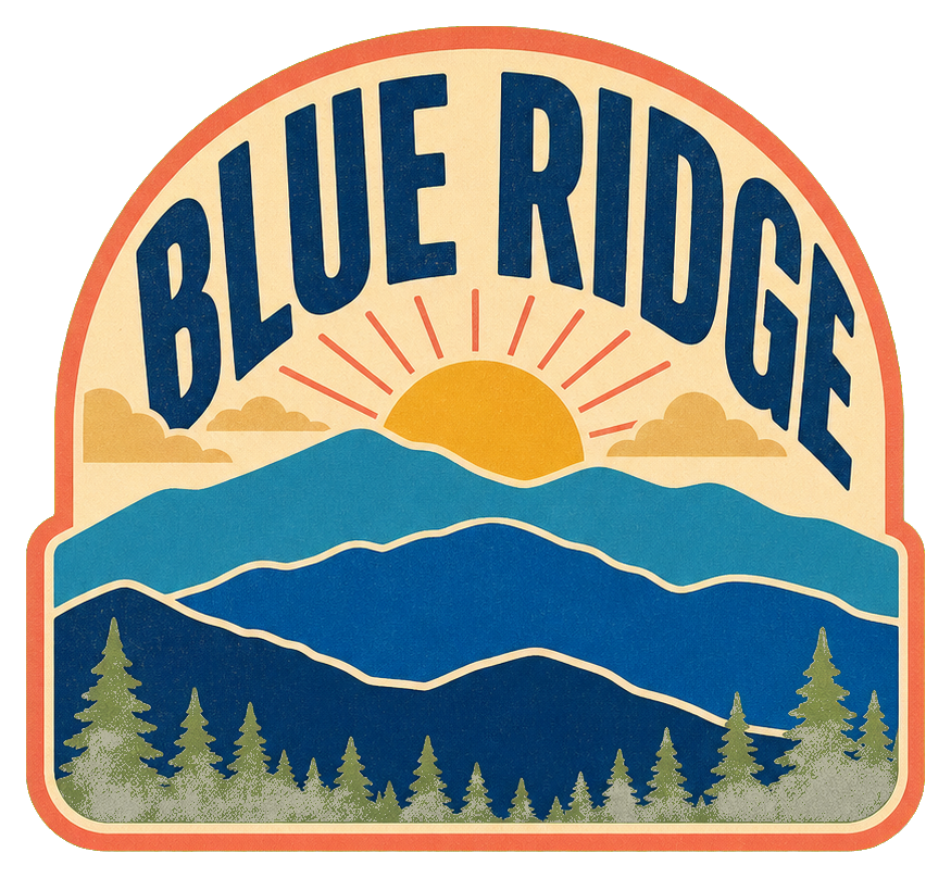 Retro Blue Ridge Mountains badge with mountains, sun, and pine trees