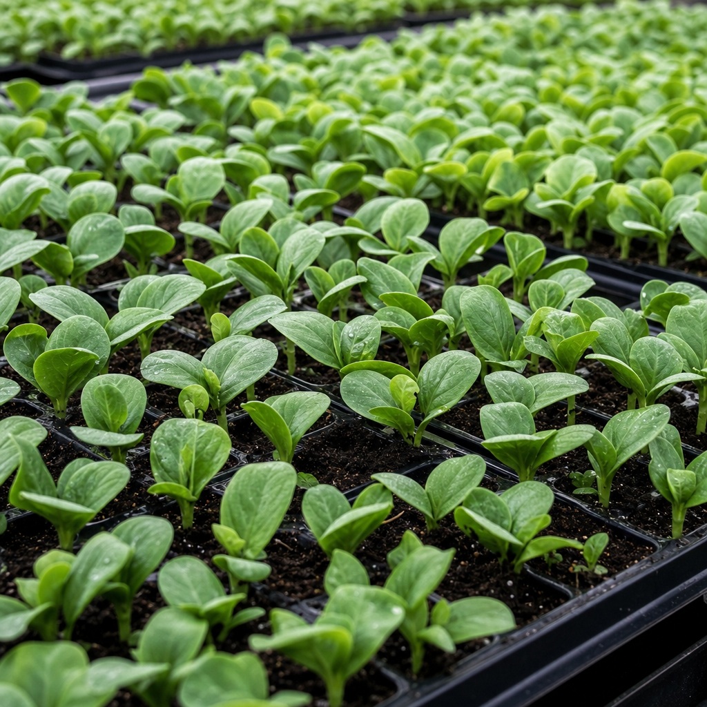 Rows of young green seedlings growing in black trays inside a greenhouse.